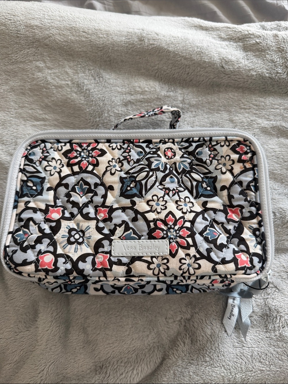 Vera Bradley Floral Quilted Travel Pouch in Cream, Black, Blue & Coral